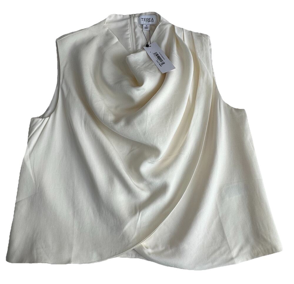 Terea By Andrea Pitter Ivory Drape Cowl Neck Sleeveless Cropped Top Zip 2X NWT